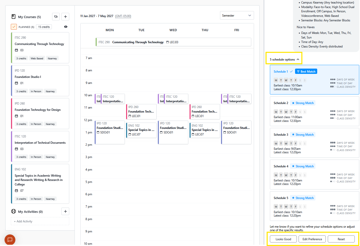 Course schedule planner interface showing a weekly calendar with class blocks, a list of planned courses on the left, and five schedule options with match ratings on the right.
