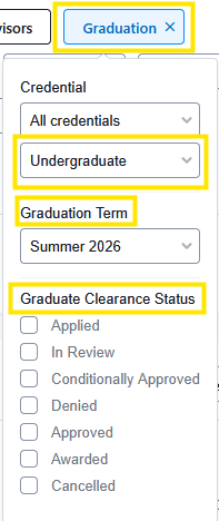 Dropdown filter panel with Graduation selected, showing options for Credential (Undergraduate), Graduation Term (Summer 2026), and Graduate Clearance Status checkboxes.