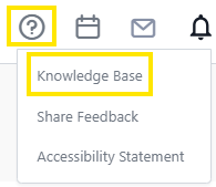 Dropdown menu under a help icon with options including Knowledge Base, Share Feedback, and Accessibility Statement.