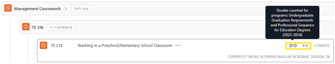 Screenshot example of the Double Counted icon, showing TE 318 and TE 218 courses, with a tooltip noting the course is double counted for undergraduate graduation requirements and the professional sequence for education degrees (2022–2024).