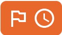 White flag icon and clock symbol on an orange rounded rectangle background.