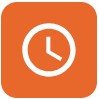 In progress icon, an orange square with a white analog clock in the center of the square.