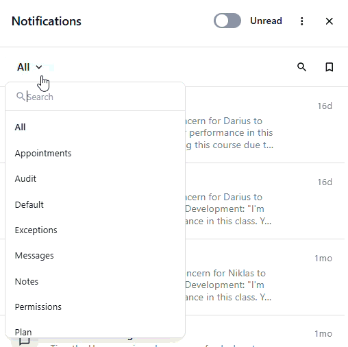 Notifications panel with a dropdown filter menu open, showing categories like All, Appointments, Audit, Messages, and Notes.