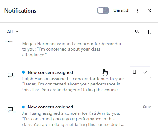 Notifications panel showing unread “New concern assigned” messages about student performance and attendance.