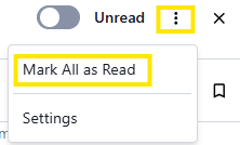 Dropdown menu with Mark All as Read highlighted and Settings below, next to an Unread toggle.
