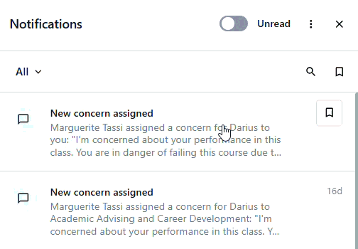 Notifications panel showing unread items, including two “New concern assigned” messages about a student’s performance.