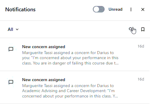 Notifications panel showing two “New concern assigned” messages about academic performance, with an Unread toggle at the top.