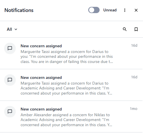 Notifications panel showing multiple “New concern assigned” messages about academic performance, with an Unread toggle at the top.