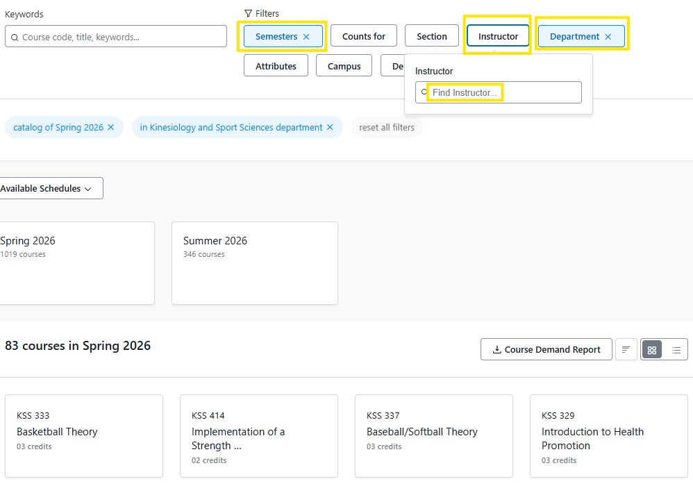 Screenshot example of Course search showing filters for semester, instructor (with “Find Instructor” field), and department, with Spring 2026 selected and course results listed.