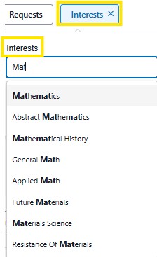 Dropdown search field labeled “Interests” with “Mat” typed, showing suggested options like Mathematics, Abstract Mathematics, and Applied Math.