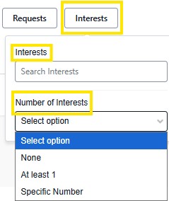 Interests filter with fields to search interests and a select number of interests from a dropdown menu.