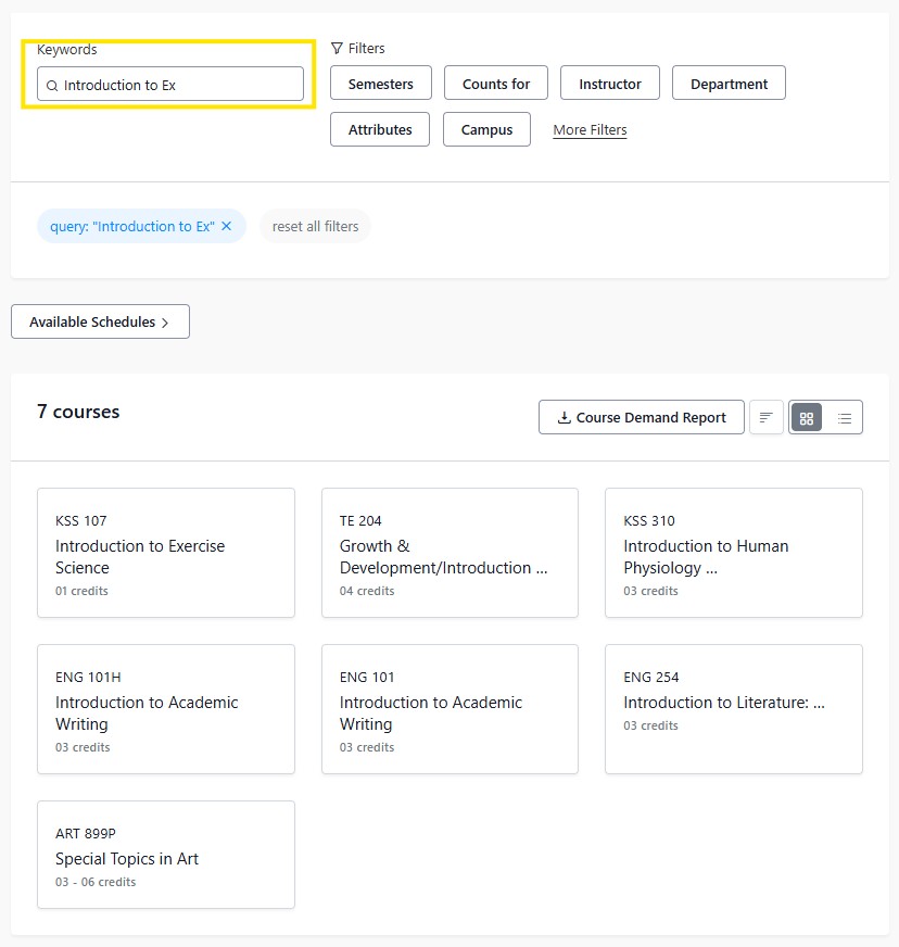 Screenshot example of Course search results page showing the keyword “Introduction to Ex,” filter options, and a list of seven courses.