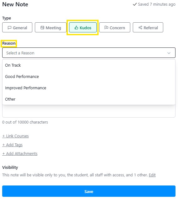 New Note form with the Kudos type selected and a Reason dropdown open showing options like On Track and Good Performance.