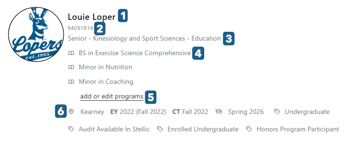 Student profile header for Louie Loper, showing exercise science and nutrition programs with campus and enrollment details.