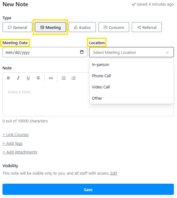 New Note form with the Meeting type selected, showing Meeting Date and a Location dropdown with options like in-person, phone call, and video call.
