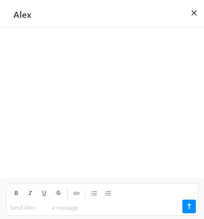 Direct message chat window titled “Alex” with an empty conversation and a text input box with a send button.