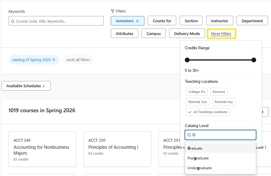 Screenshot example of course search page with Spring 2026 selected, showing course cards and an open “More Filters” panel with credits range, teaching locations, and catalog level options.