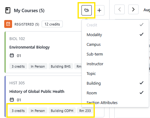 Screenshot of a “My Courses” page with a filter menu open, and the selected course details showing 3 credits, in-person modality, building, and room number highlighted.