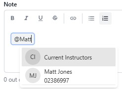 Autocomplete dropdown in a note editor showing a mention suggestion for Matt Jones under Current Instructors.