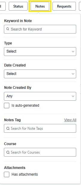 Notes filter selected with keyword search, type, date created, note creator, tags, course, and attachments.