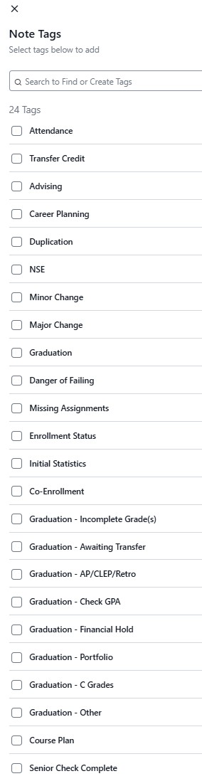 Note Tags filter with a search bar and a scrollable checklist of tag options such as Attendance, Advising, and Graduation.