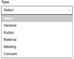 Dropdown menu labeled “Type” expanded, showing options Select, General, Kudos, Referral, Meeting, and Concern.