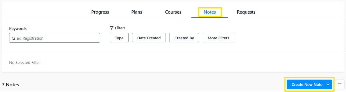 Notes tab selected with a “Create New Note” button highlighted on the right.