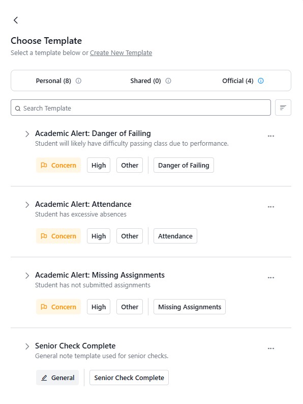 Choose Template screen showing a searchable list of note templates, including Academic Alert options for danger of failing, attendance, and missing assignments.