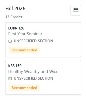 Course registration panel for Fall 2026 showing 13 credits and recommended courses LOPR 126 and KSS 150 with unspecified sections.