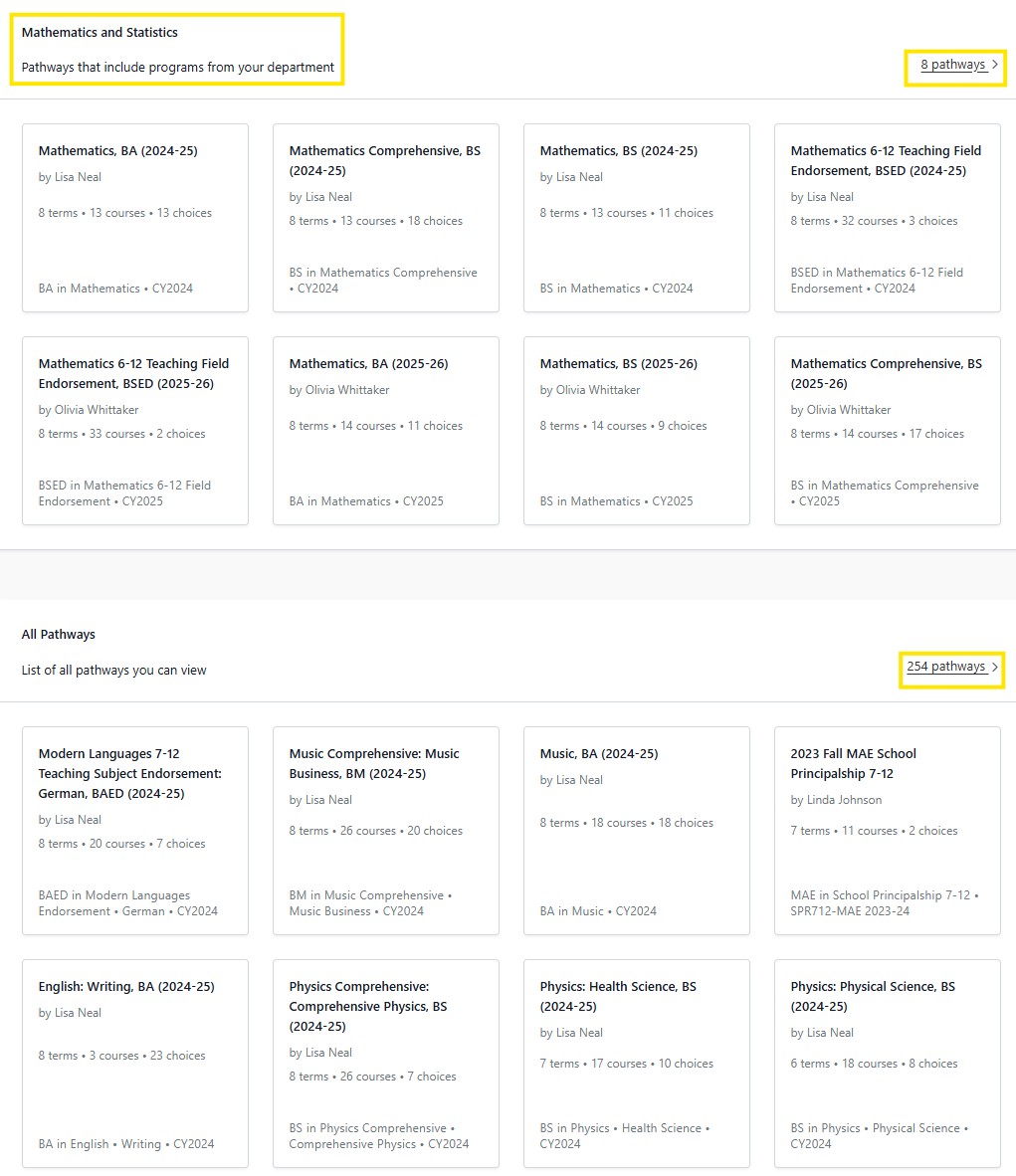 Mathematics and Statistics pathways page showing a grid of program cards and a link labeled “8 pathways,” with an “All Pathways” section below showing “254 pathways.”