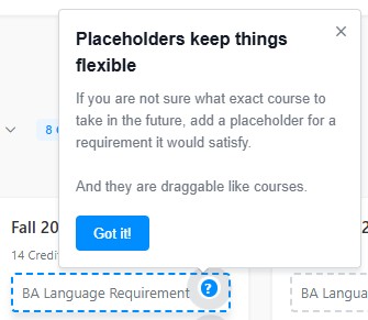 Pop-up message titled “Placeholders keep things flexible” explaining placeholders for future course requirements, with a “Got it!” button.