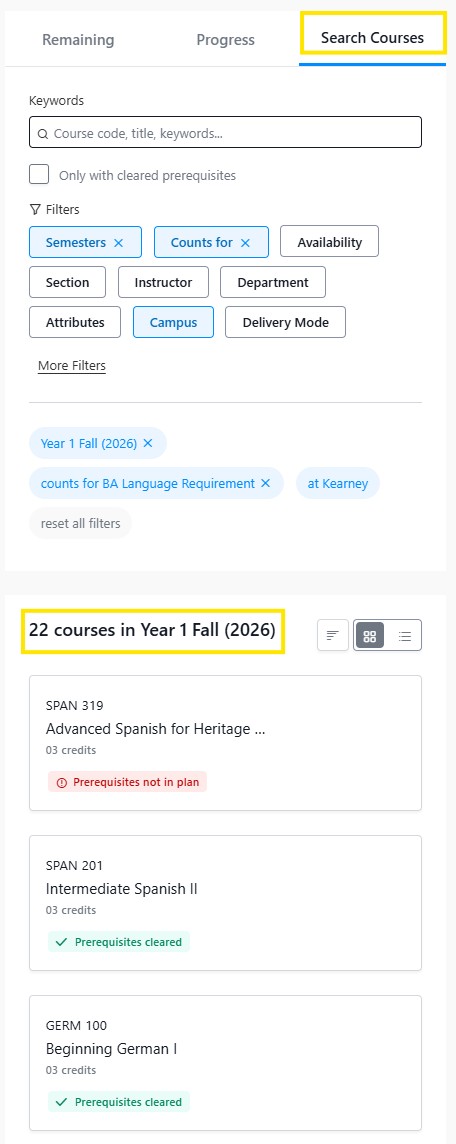 Course search page with filters selected, showing “22 courses in Year 1 Fall (2026)” and a list of available classes.