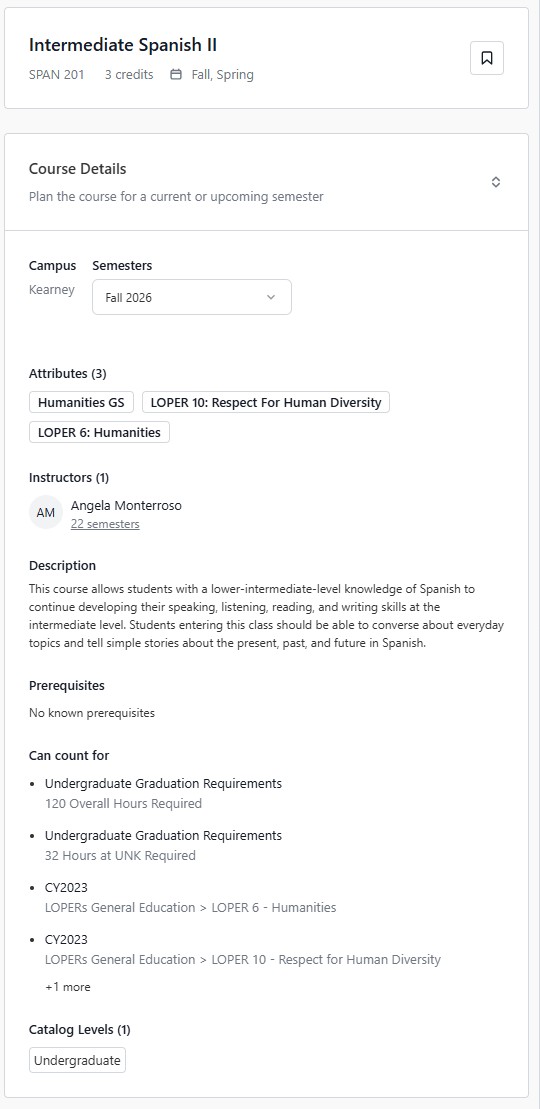 Course details page for Intermediate Spanish II (SPAN 201) showing campus/semester selection, attributes, instructor, and course description.