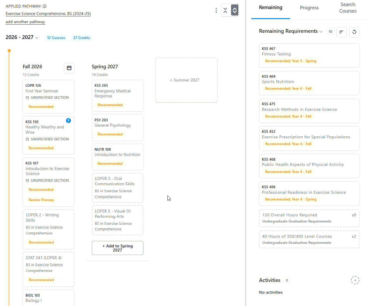 Degree planning dashboard showing the 2026–2027 course plan for an Exercise Science BS, with Fall 2026 and Spring 2027 courses and a sidebar of remaining requirements.