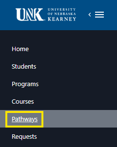 UNK University of Nebraska at Kearney Stellic navigation menu with “Pathways” highlighted.
