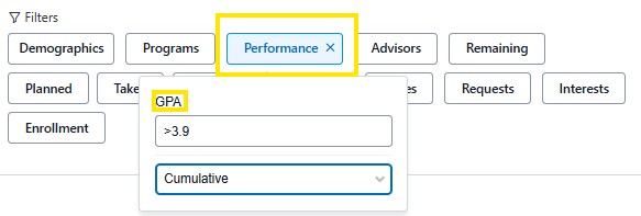 Performance filter selected, showing GPA greater than 3.9 (3.9 entered as an example) and a Cumulative option.