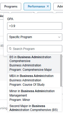 Performance Filter, with a dropdown menu for selecting a specific business administration program, showing options like BS, MBA, minor, and second major.