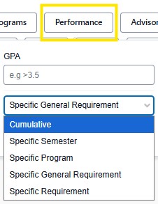 Performance tab highlighted above a GPA input field with a dropdown menu expanded showing Cumulative selected.