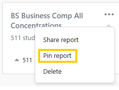 Dropdown menu from a report card with options Share report, Pin report highlighted, and Delete.