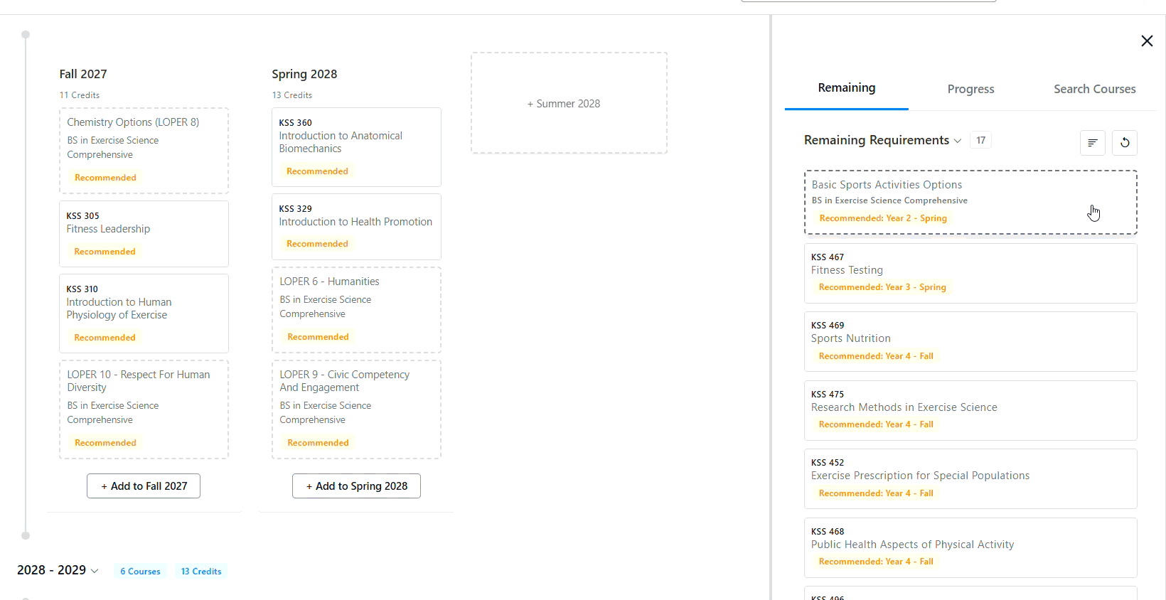 Course planning dashboard showing Fall 2027 and Spring 2028 schedules on the left and a “Remaining Requirements” list on the right.