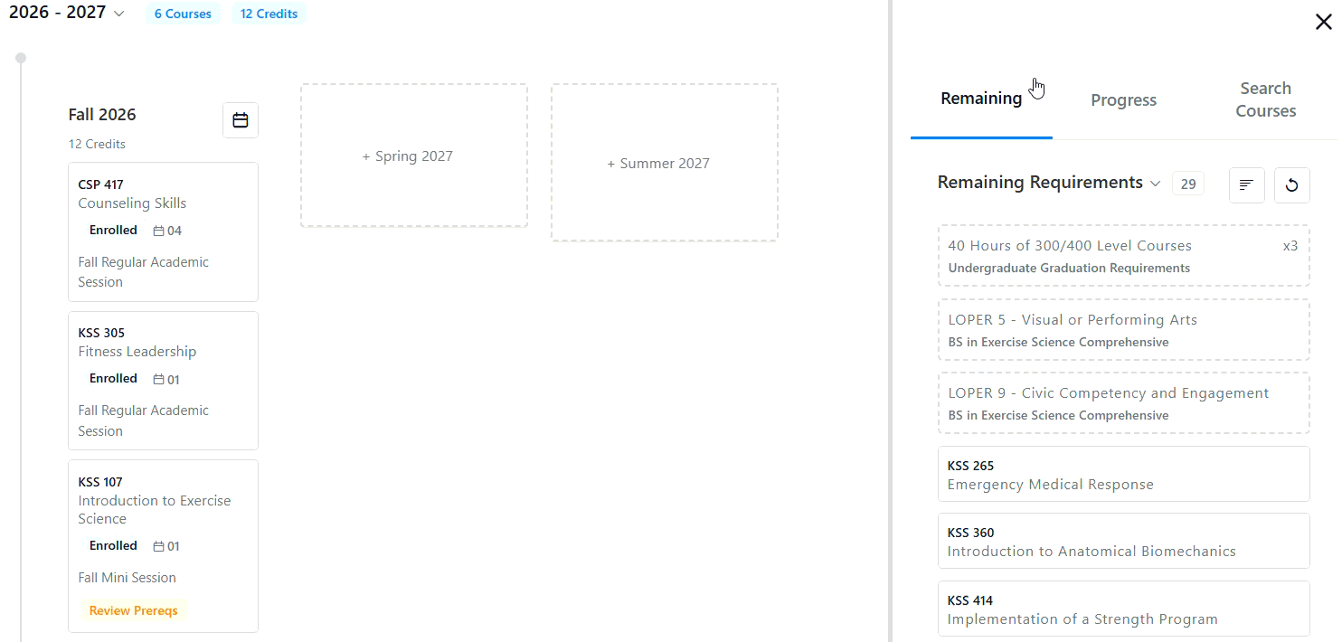 Course planning dashboard showing Fall 2026 enrolled courses on the left and remaining graduation requirements with suggested courses on the right.