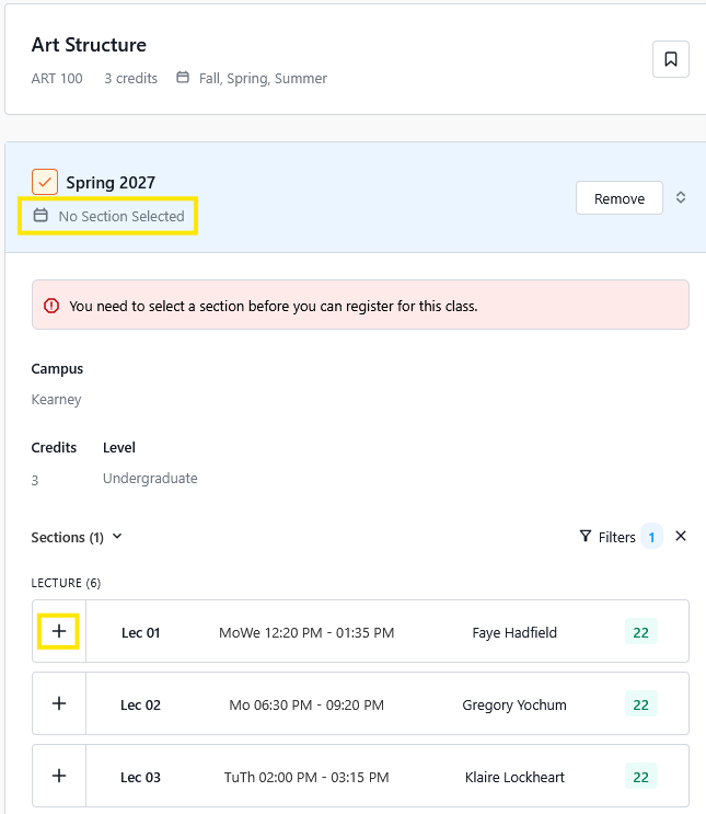 Course registration page for Art Structure (Spring 2027) showing “No Section Selected” and an alert that a section must be selected before registering, with a list of lecture sections and add buttons.