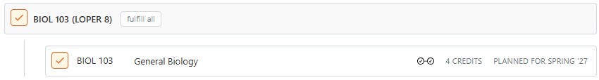 Screenshot example of the light orange check box showing a course is in the planned audit, BIOL 103 (General Biology), showing 4 credits and planned for Spring ’27.