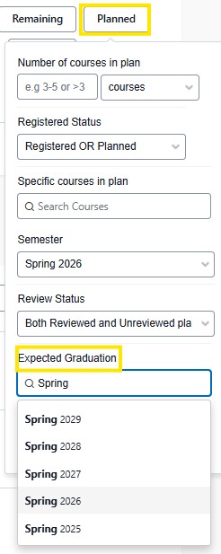 Course plan filters with Expected Graduation dropdown expanded, showing Spring 2025–Spring 2029 options.