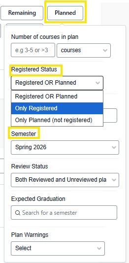 Planned filter for a course plan showing Registered Status options (Only Registered selected) and Semester set to Spring 2026.