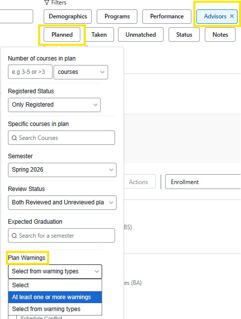 Planned Filter panel showing the Plan Warnings dropdown menu expanded.