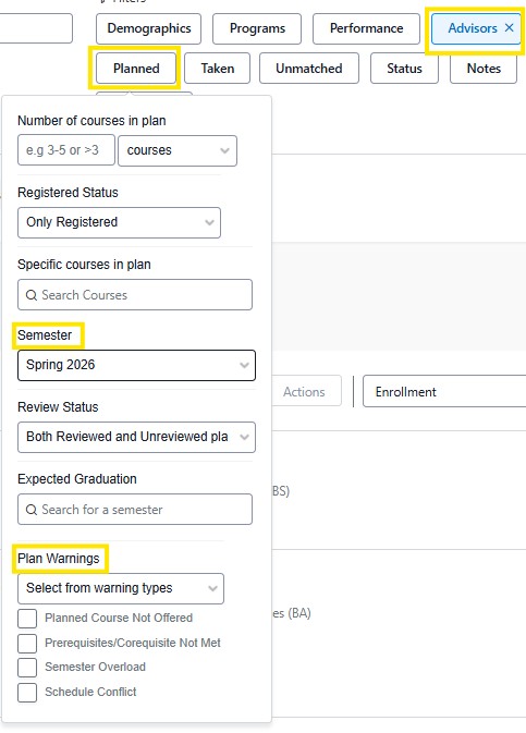 Advisors filter selected in combination with the Planned filter selected, showing semester selection, Spring 2026.