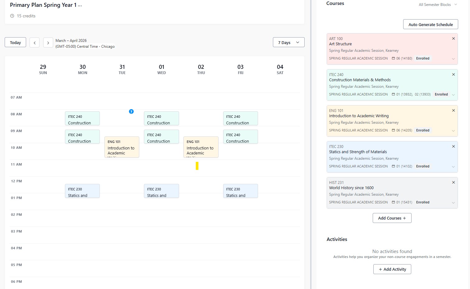 Weekly class schedule calendar view for March–April 2026 with course blocks and a sidebar listing enrolled courses and an auto-generate schedule button.