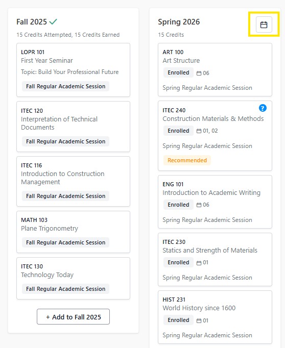Two-column course schedule showing Fall 2025 and Spring 2026 terms with listed classes, enrollment status, and a highlighted calendar icon for Spring 2026.