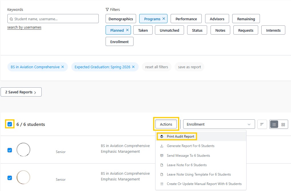 Print Audit Report, student list with all students selected and the Actions dropdown open, showing Print Audit Report highlighted.